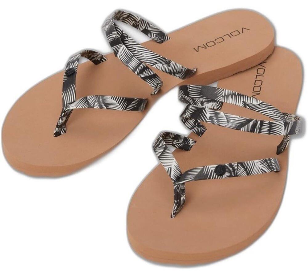 Volcom Easy Breezy Sandals 10 Black White Strappy Palm Slip On Flip Flops NWT